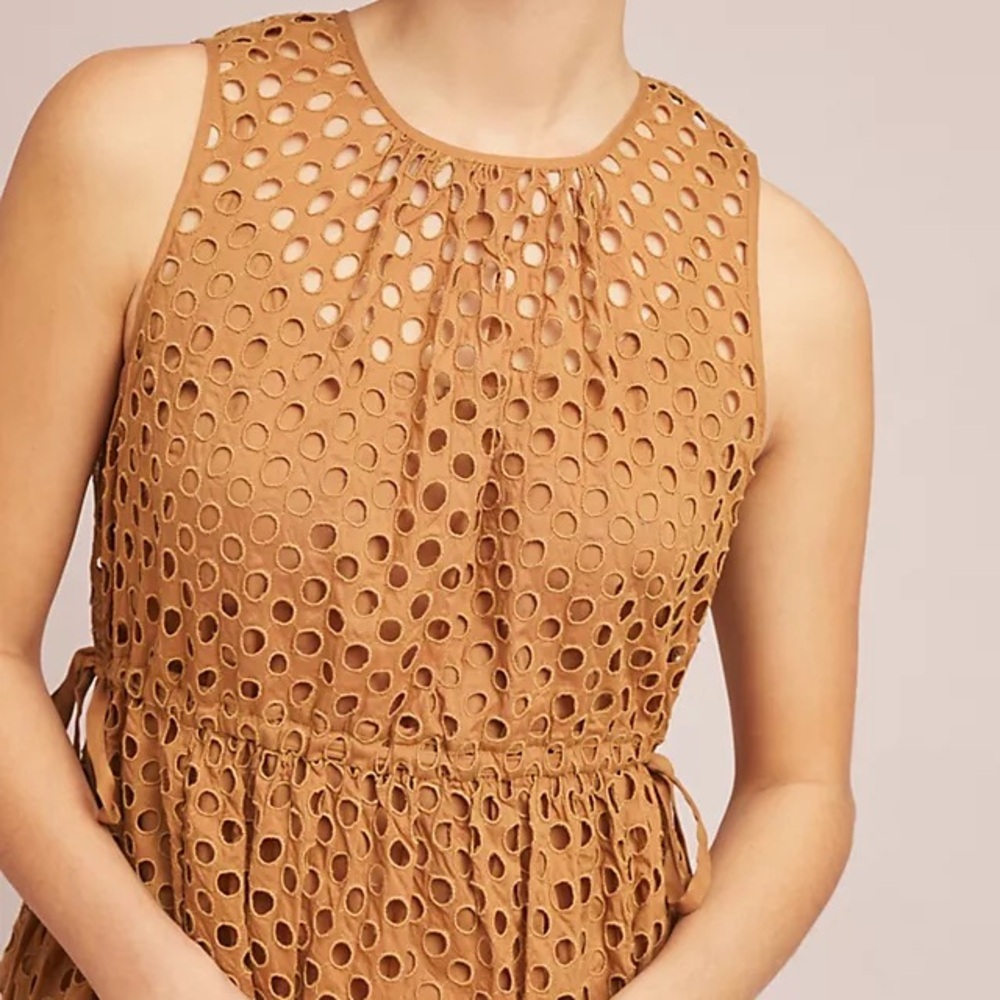 Anthropologie | $450 Ne Quittez Pas Uptown Midi Honey Brown Eyelet Dress M - Picture 2 of 8